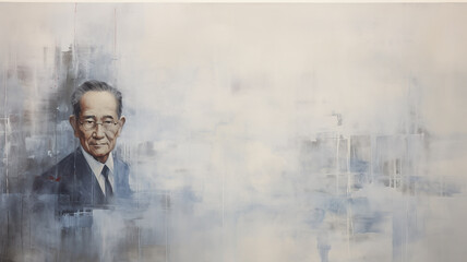 man, portrait of an Asian businessman man, impressionism paint painting, light white and blue, background copy space