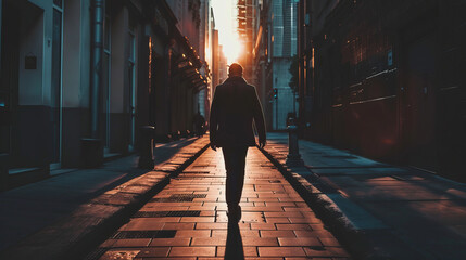 Businessman walking in city at sunrise, modern urban lifestyle - Powered by Adobe