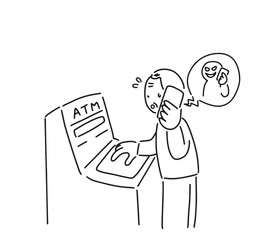 通話しながらATMを操作するシニア男性のイラスト