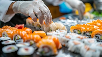 A chef wearing white gloves is carefully preparing sushi, adding the final touches to the dish.