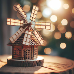 Obraz premium Timeless Serenity: A Quaint Wooden Windmill in Motion Amidst a Bokeh Wonderland