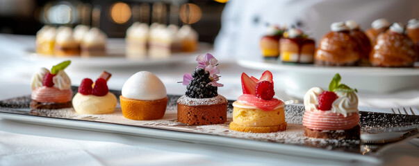A variety of sweet and savory pastries are arranged on a white platter. The pastries are decorated with fresh berries, cream, and mint.
