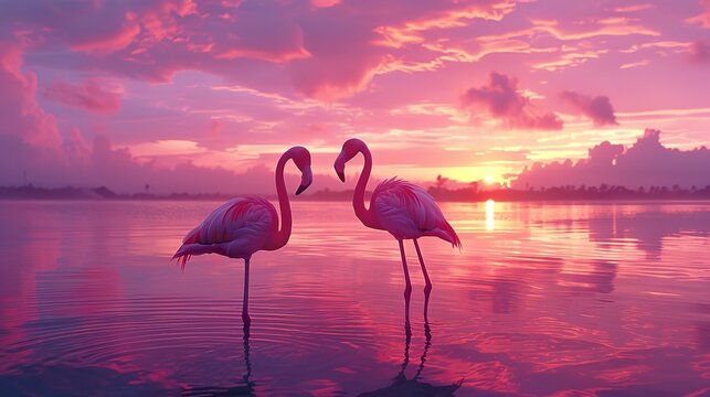 Amazing pink flamingos in the lake at sunset. - Powered by Adobe