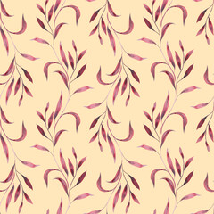 Monochrome burgundy twigs with leaves. Seamless pattern on a yellow background. Hand drawn watercolor illustration. For design, fabrics, textiles, wallpaper, prints, wrapping paper