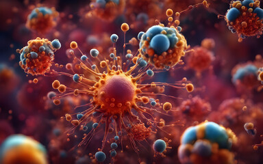 Microscopic view of nanoparticles interacting with a virus, highlighted by vibrant colors to enhance visibility