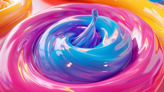 Image shows a close-up of a multicolored slime. The colors are pink, blue, purple, and yellow. The surface of the slime is glossy and smooth.