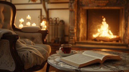 Close-up of a warm chair, a lit fireplace, a cup of tea, an open book, and burning candles on a marble table in a bedroom