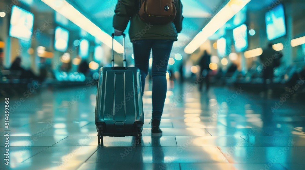 Wall mural A person pulling a suitcase through an airport concourse, with their face blurred or out of focus, symbolizing the anonymity and universality of air travel. 