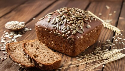 Fototapeta premium Black bread with grains and seeds on rustic wooden table