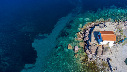 The little church of Panagia gorgona situated on a rock in Skala Sykamias, a picturesque seaside...