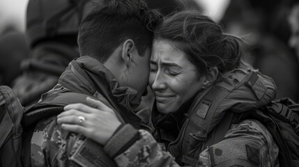 A soldier returns home from deployment and is reunited with his tearful wife.