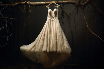 Exquisite enchanted forest wedding dress for a mystical and elegant bridal gown in a dark, magical, and whimsical woodland setting, perfect for a spooky and serene evening nuptials ceremony