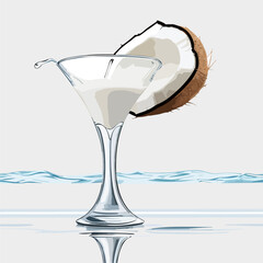 3d coconut set. Nuts and oil in blank glass bottle, realistic coco flowers and palm leaves. Tropical milk drink ingredient, whole slice and piece. Natural raw food. Vector illustration set