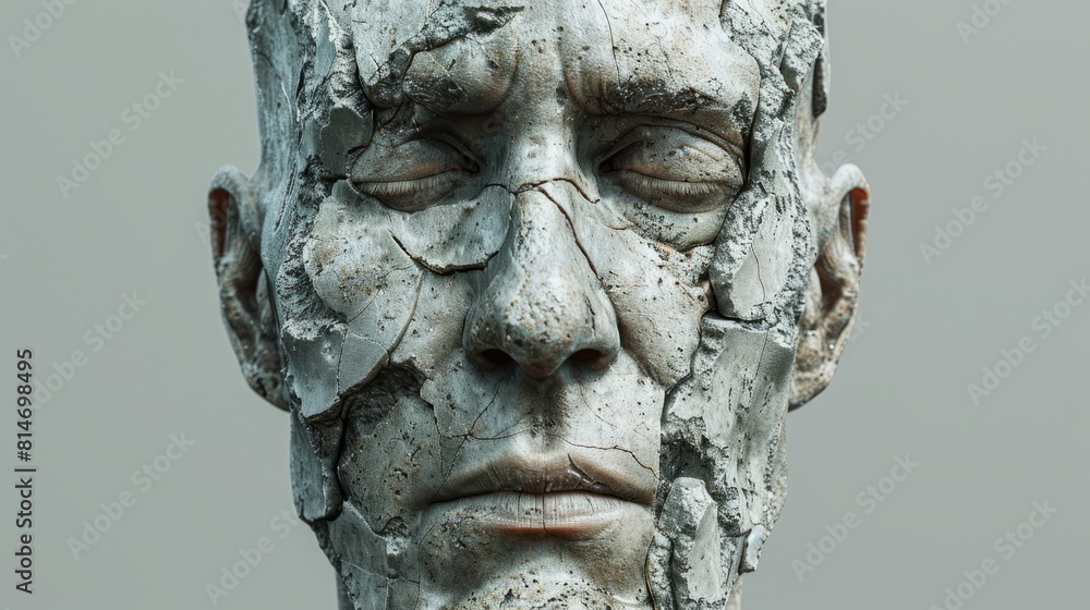 Poster a 3d rendering of a human face made of stone with realistic details and textures.