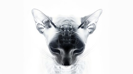 X-ray scan of cat head. A close-up black and white portrait capturing the mysterious and captivating expression of a cat face, highlighting its whiskers, eyes, and nose.