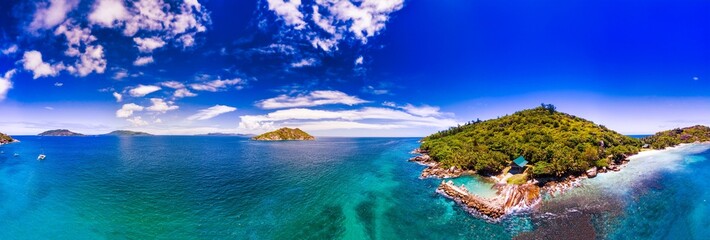 La Digue Island, Seychelles. Aerial view, panorama mode on a sunny day