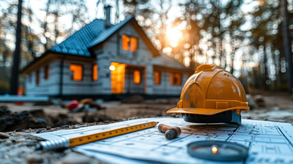 Fototapeta premium Construction Site at Sunset with Safety Helmet and Blueprints