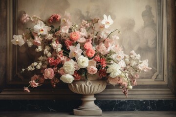 Artistic bouquet of mixed flowers in a vintage vase against a classic painting backdrop