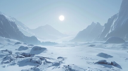 Frozen wasteland with snow-covered mountains in the background.