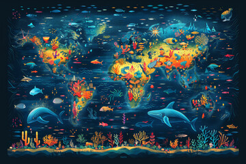 Fantastically detailed marine map illustration featuring diverse marine life and vibrant underwater ecosystems. World Ocean Day.