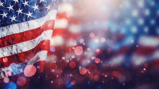 American flag with stars and stripes, blurred bokeh backgound