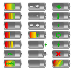 Vector battery set with different charge levels, on white background