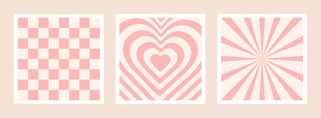 Abstract groovy backgrounds set. Hippie backdrops. Y2k aesthetic. Twisted design in pink colors. Retro psychedelic vector illustration. Checkered, twirl, pattern with heart.