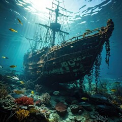Naklejka premium Majestic Sunken Ship Resting on Ocean Floor Among Coral Reefs