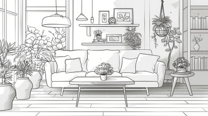 Black and White Line Art of a Plant-Filled Living Room