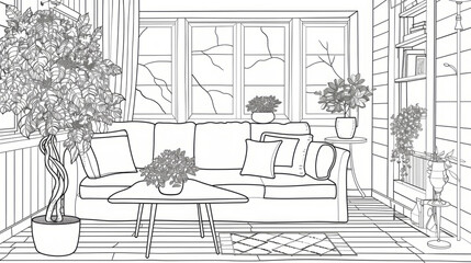 Black and White Line Art of a Plant-Filled Living Room