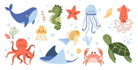 Set of marine life. Fish and wild marine animals isolated on white background.  Vector doodle cartoon set of marine life. Sea life