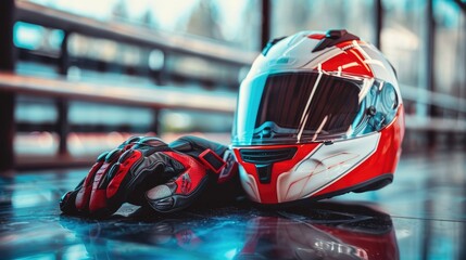 Fototapeta premium motorcycle helmet and gloves. selective focus