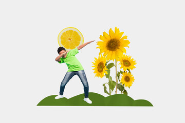 Composite collage picture image of carefree mini boy dance dab sunflower isolated on creative...