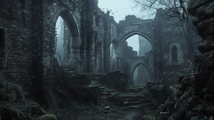 fantasy medieval ruins of the castle with dark foggy environment 