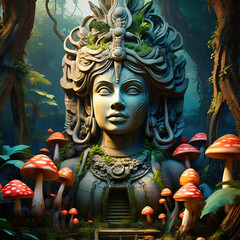 A giant statue of a female deity in the entrance of a temple in the dreamy dark forest with with poisonous red mushrooms