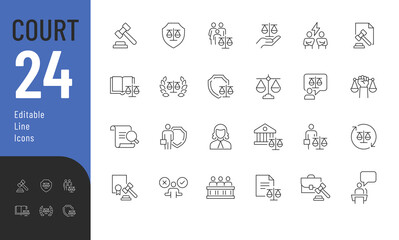 Naklejka premium Court Editable Icons set. Vector illustration in modern thin line style of law related icons: Lawyer, judge, justice, and more. Pictograms and infographics for mobile apps. 