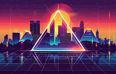 a city skyline with a neon triangle in the middle