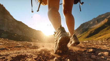women's feet in trekking boots when walking, close-up with rear view