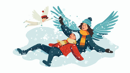 Mom and kid making angel lying on snow on winter 