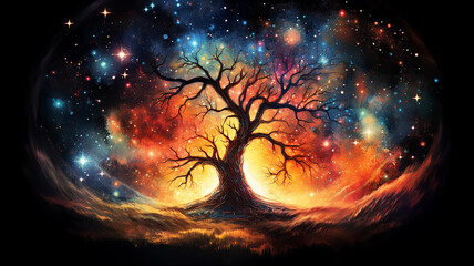 Fototapeta premium fairytale illustration of the tree of life of the universe, the image of a large old tree against the background of space and the dark sky among the stars and galaxies
