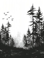 A dark and moody forest with tall pine trees. The trees are so tall that they block out the sun. The only light comes from a few small moonbeams shining through the trees.