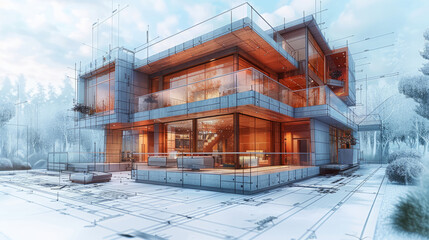 3D Architectural Model of a Modern House with Blueprints