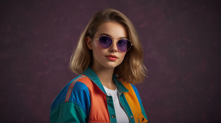 Cool teenager. Fashionable DJ girl in colorful trendy jacket and vintage retro sunglasses enjoys style of 80s � 90s vibes, Generative.AI