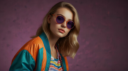 Cool teenager. Fashionable DJ girl in colorful trendy jacket and vintage retro sunglasses enjoys style of 80s � 90s vibes, Generative.AI