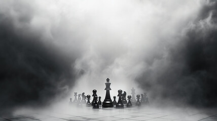 Obraz premium chess, the concept of strategic management, leadership, business team, decision-making, a group of chess-like figures in a fog of uncertainty, fictional figures