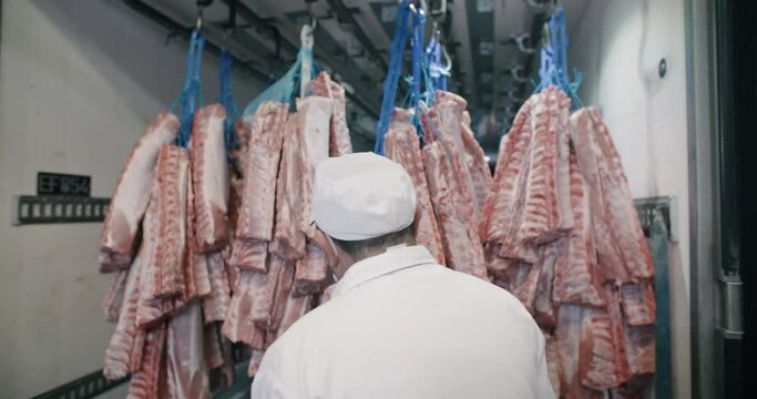 Two workers remove pieces of lamb meat from a refrigerated truck and bring them into a processing plant and then take them to a cold chamber before processing and cutting