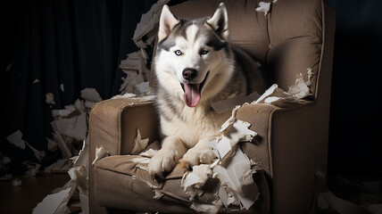 husky dog chewed and destroyed the sofa and sits on it, a portrait of a harmful dog at home