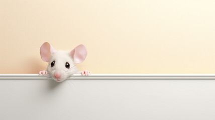 a small mouse peeks out, on a smooth background in the studio, a lot of copy space for design