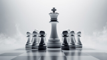 a group of chess-like figures on a white background of fog and smoke, the concept of strategy decision-making, business tactics. fictional chess pieces
