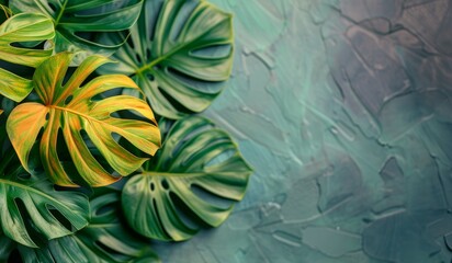 the leaves of the monstera flower on a gray background in close-up. the place for the test or creative advertising is on the right